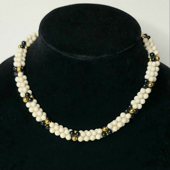 Vintage signed black white gold double strand necklace - Picture 1 of 6